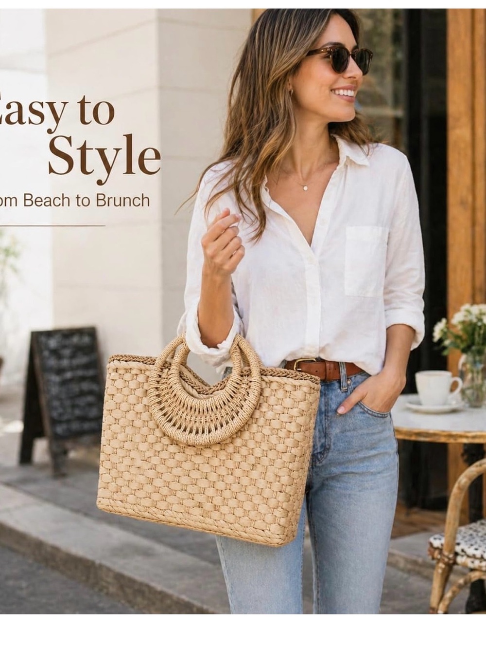 From beach to brunch woven Straw Tote Bag with Round Handles - Natural